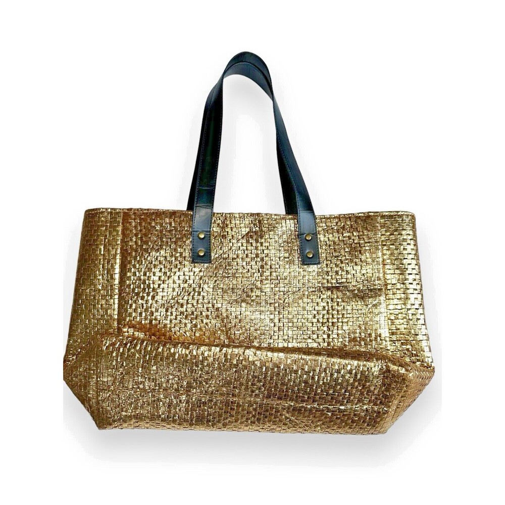 Signature Club A Gold Woven Straw Tote Bag Large Shoulder Purse Metallic Coastal